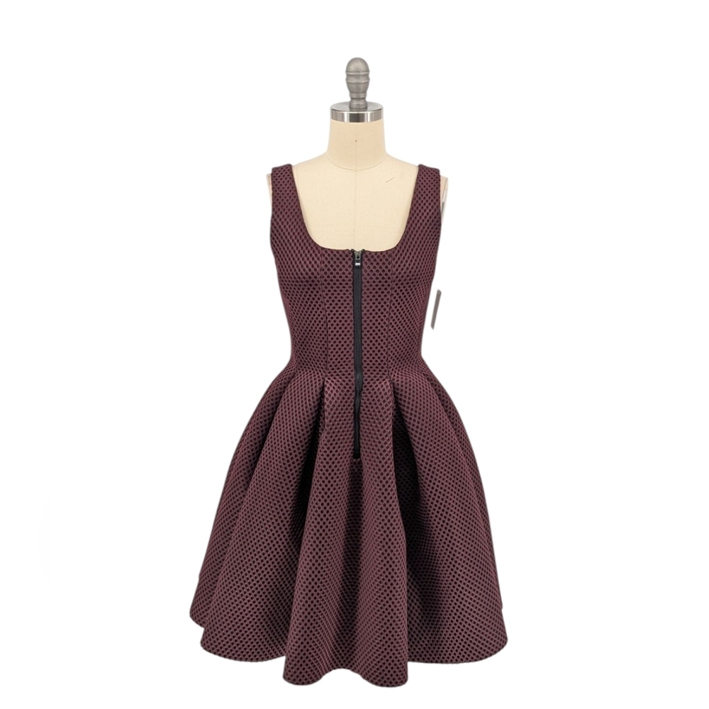 01428 NEW Maje Polka Dot Laser Cut Pleated Fit & Flare Dress Maroon Black Sz 1/S